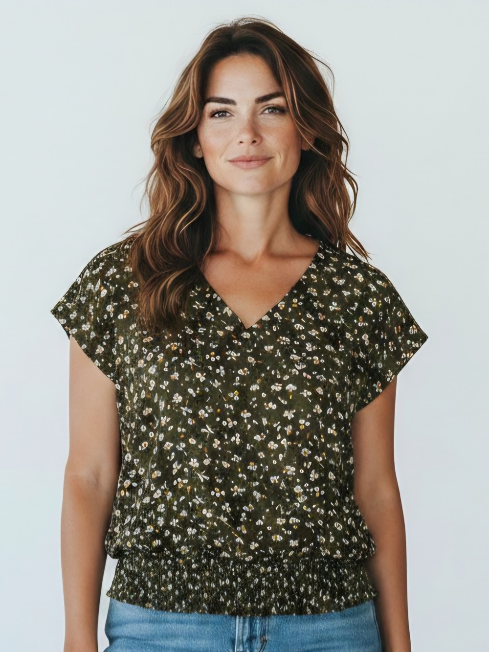 Ann Taylor Women’s Olive Floral V-Neck Short Sleeve Top